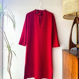 Bright Red 1970s Midi Dress with Long Sleeves and Button Detail